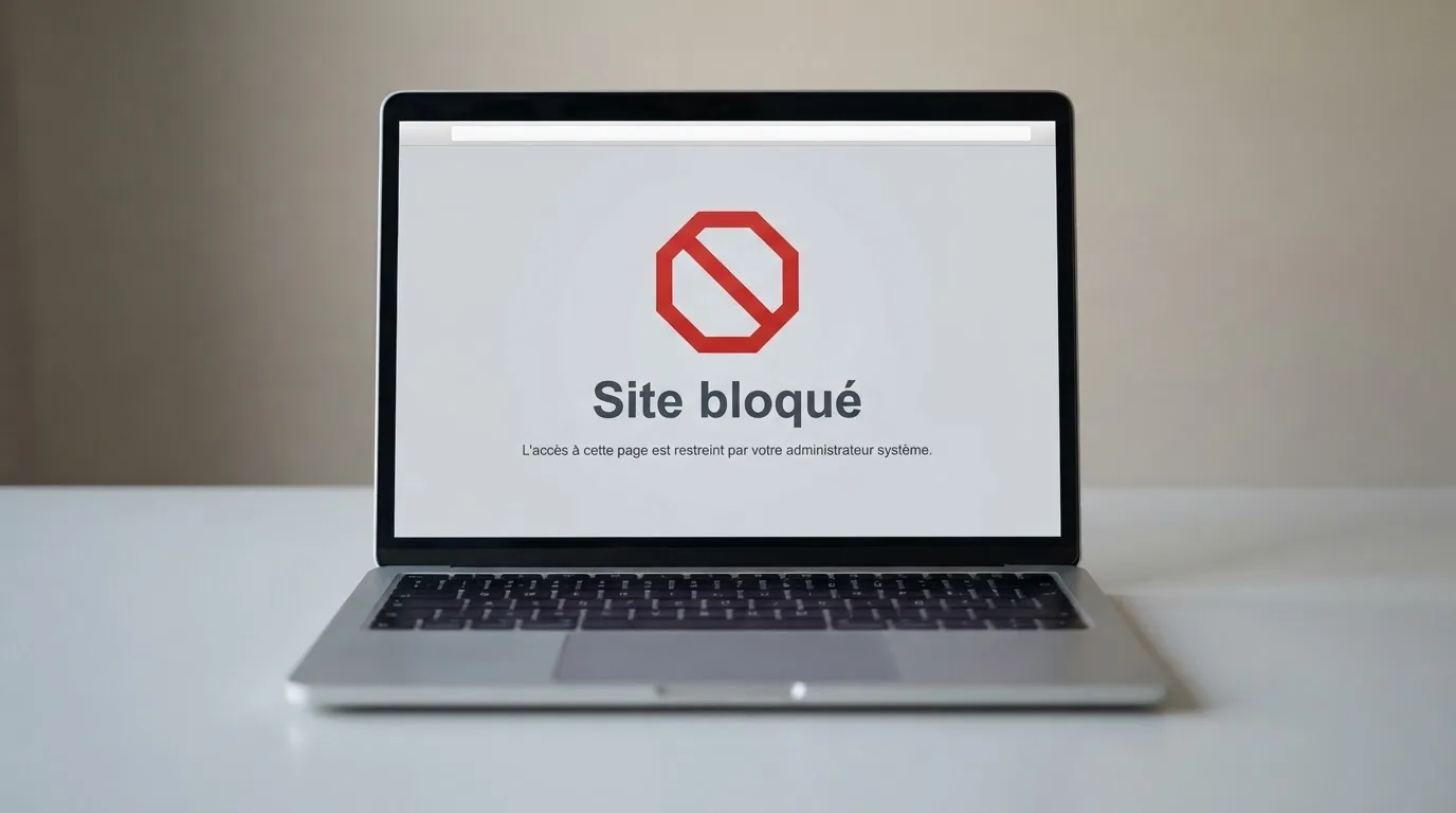 a browser window showing a generic « site blocked » error page on a laptop