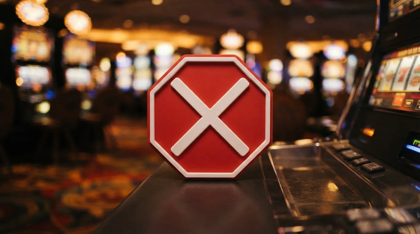 a red official-style stop/prohibition icon overlaid on a blurred casino slot-reel background