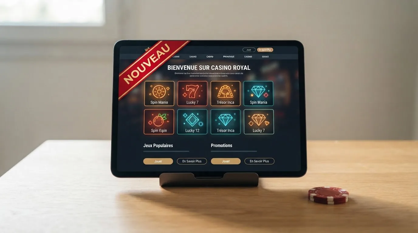 a « new » ribbon banner over a generic casino homepage mockup on a tablet screen