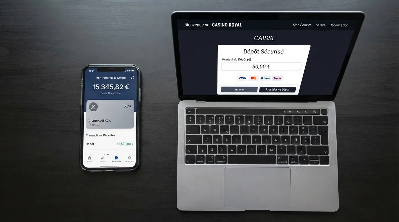 a smartphone displaying a cryptocurrency wallet balance next to a laptop casino deposit page