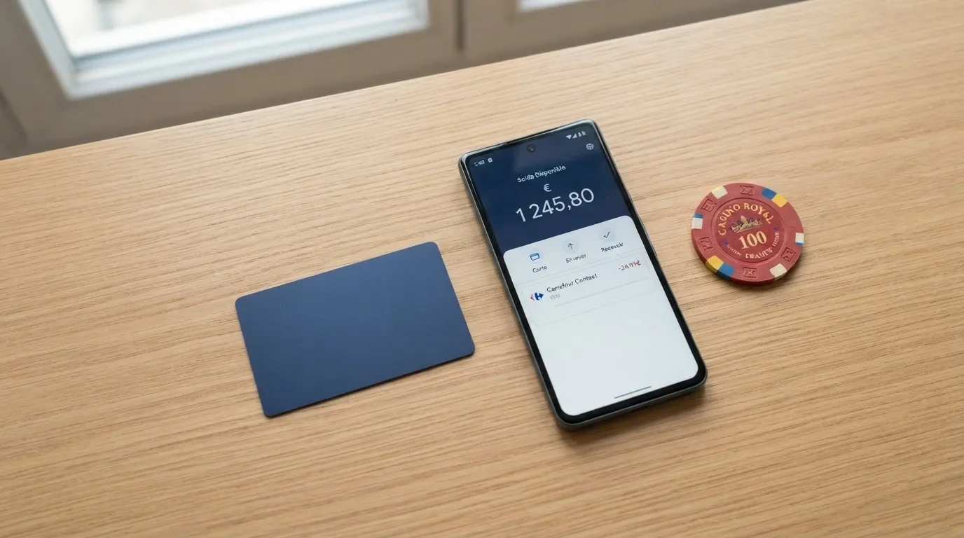 flat-lay of a bank card, a smartphone e-wallet app and euro banknotes arranged together